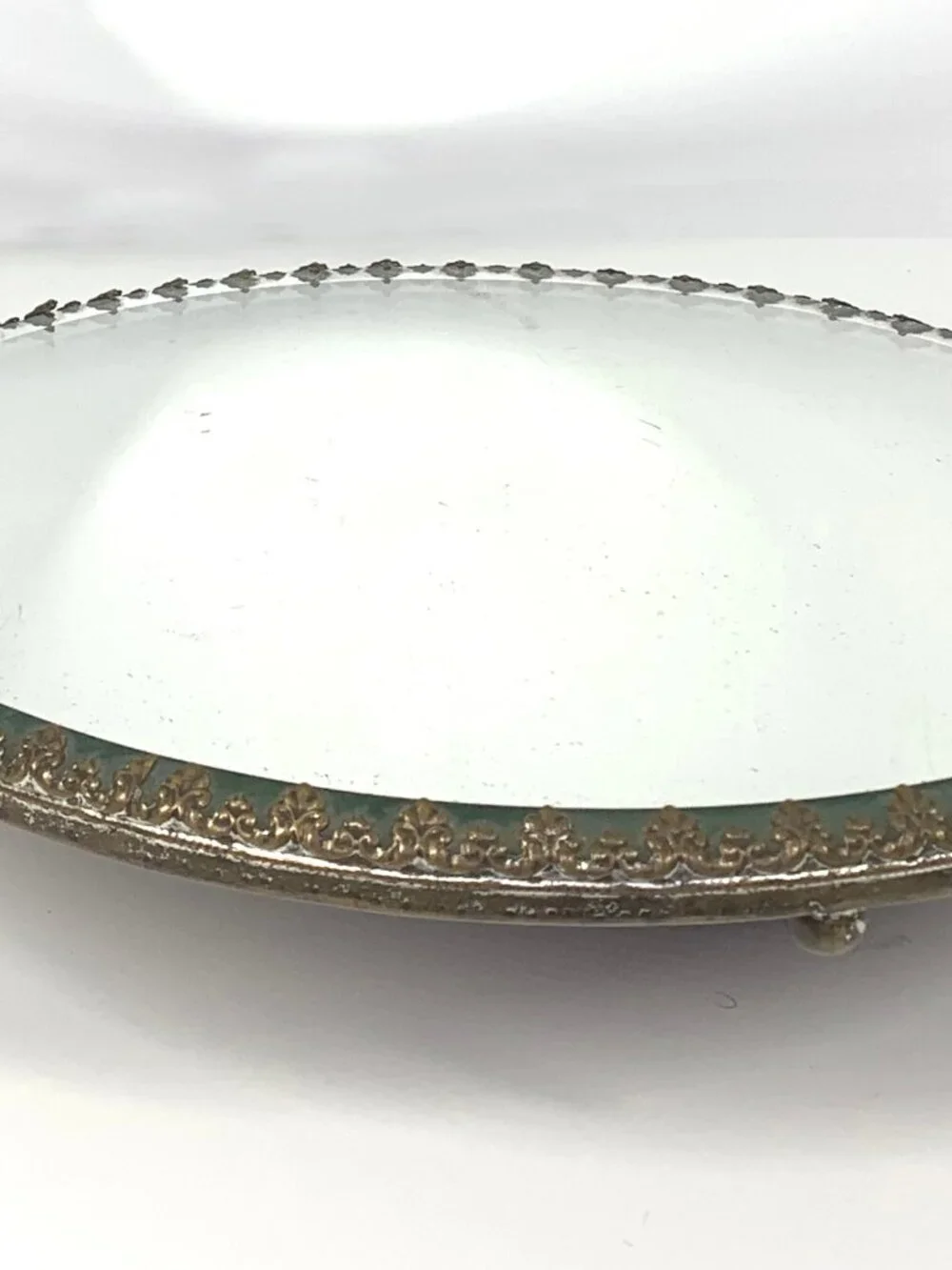 Vintage Round Beveled Mirror Vanity Tray Gold Fleur De Lis 3 Foot 12